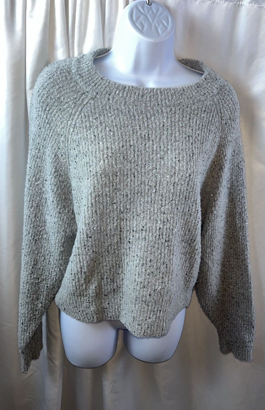 Express Women’s Grey Sequin Pullover Sweater Size M Holiday Sparkly Cocktail